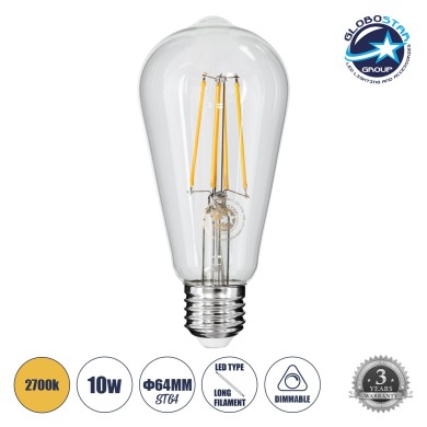 GLOBOSTAR® PEAR 99017 Λάμπα E27 ST64 LED 10W 1000lm 360° AC 220-240V IP20 Θερμό Λευκό 2700K Dimmable - Long Filament Chip - Διάφανο - Μ6.4 x Π6.4 x Υ14cm - 3 Χρόνια Εγγύηση
